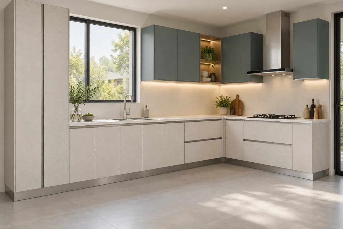 soft white linen and muted teal L-shaped steel kitchen — AI-generated concept