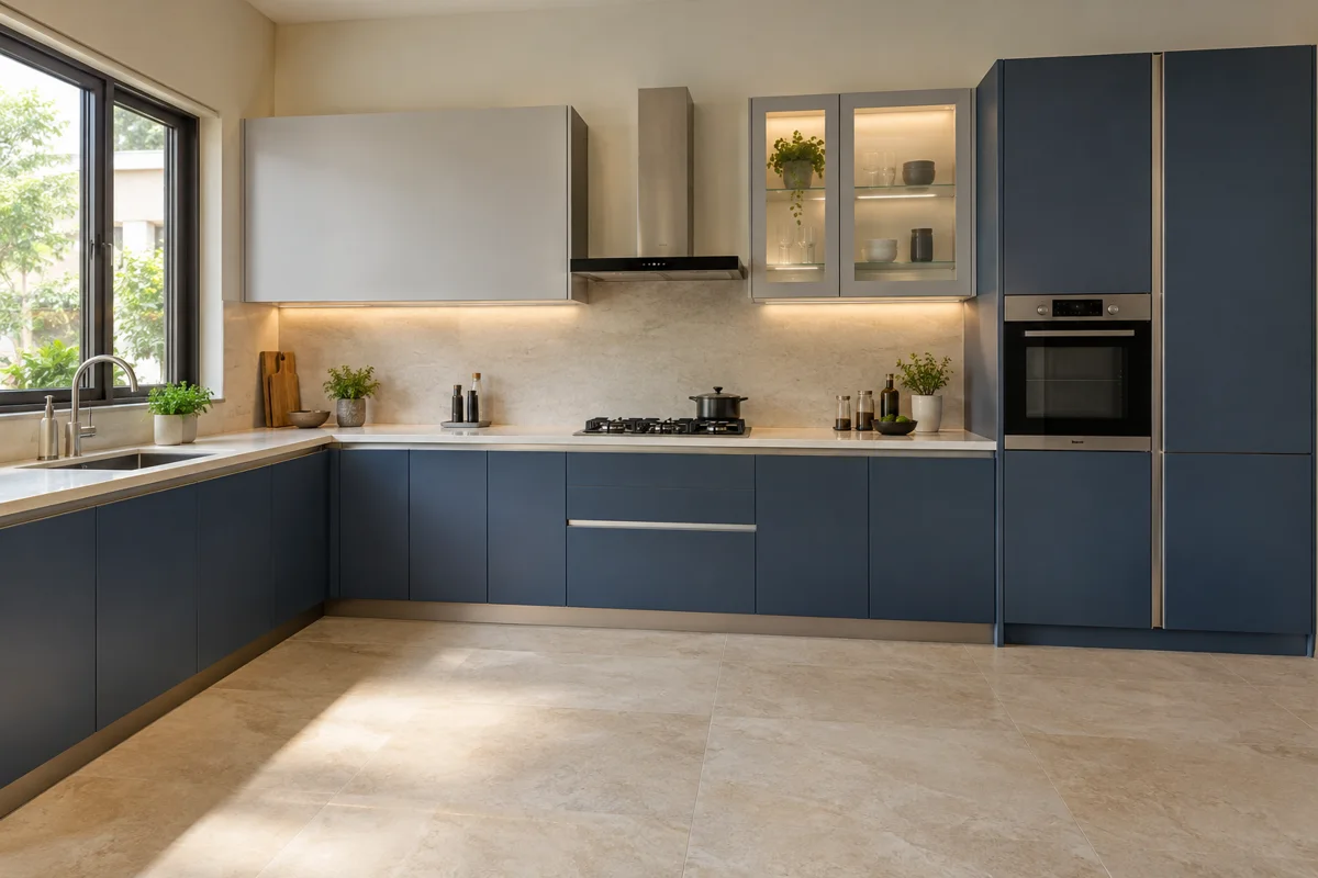 dusty navy and pearl grey built-in-oven L-shaped steel kitchen — AI-generated concept