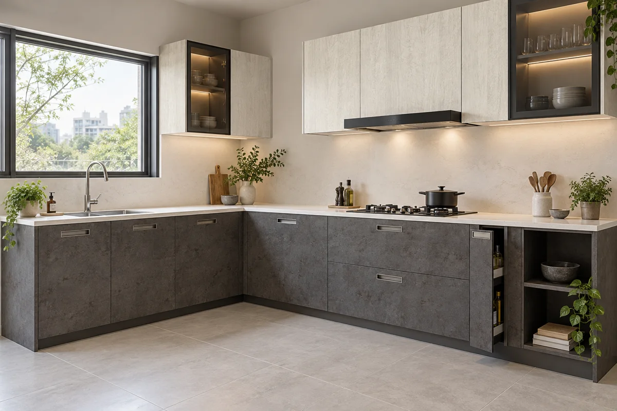 dark grey cement and offwhite subtle woodgrain L-shaped steel kitchen — AI-generated concept