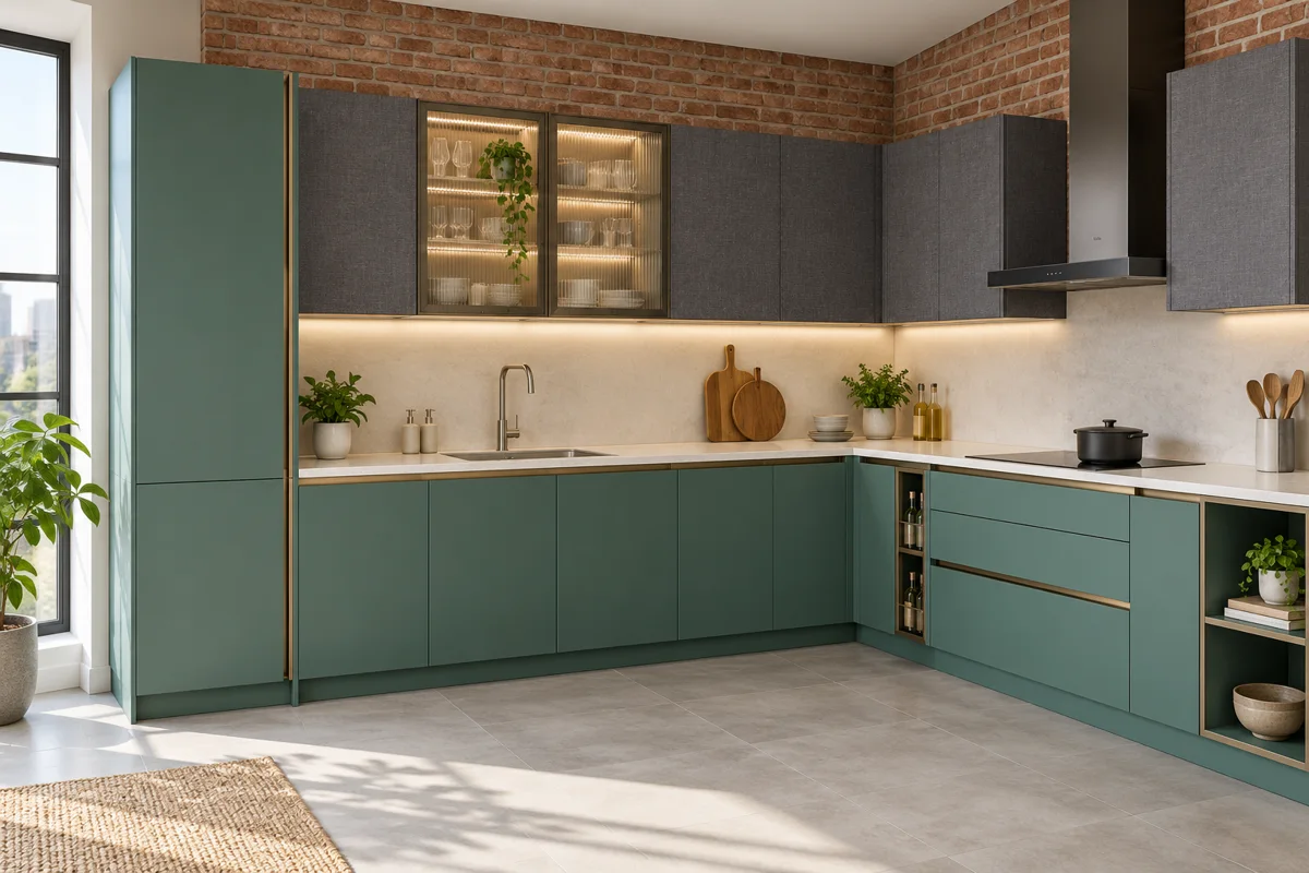 muted teal and deep grey linen L-shaped steel kitchen — AI-generated concept