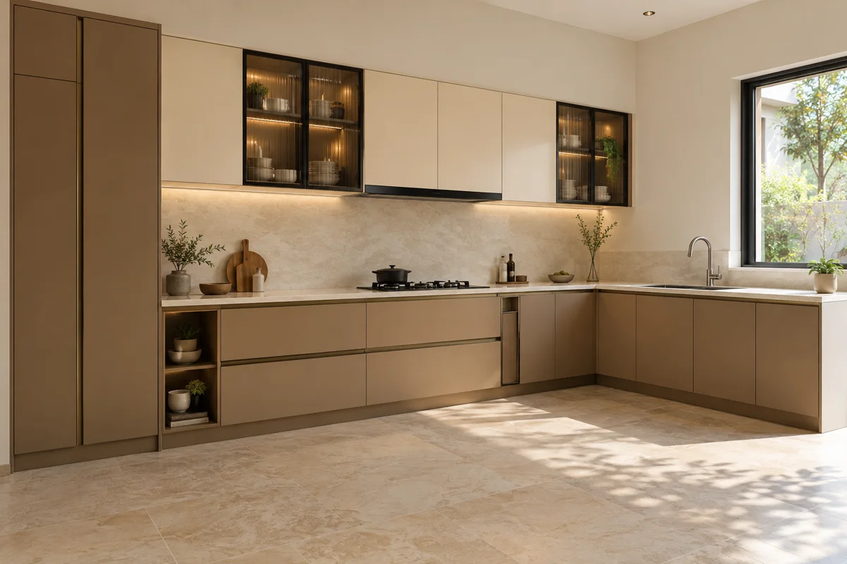 dusty clay and cream L-shaped steel kitchen — AI-generated concept