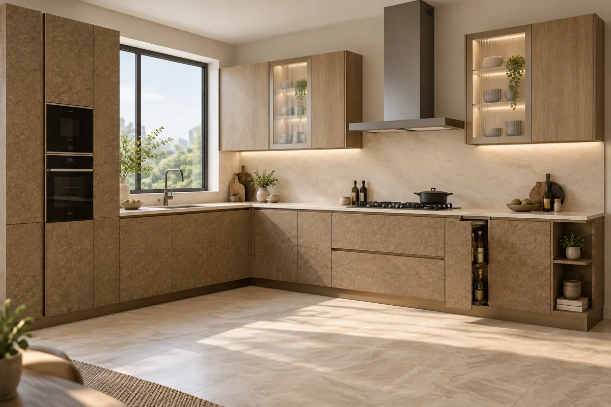 muted golden stone and light warm oak grain L-shaped steel kitchen — AI-generated concept