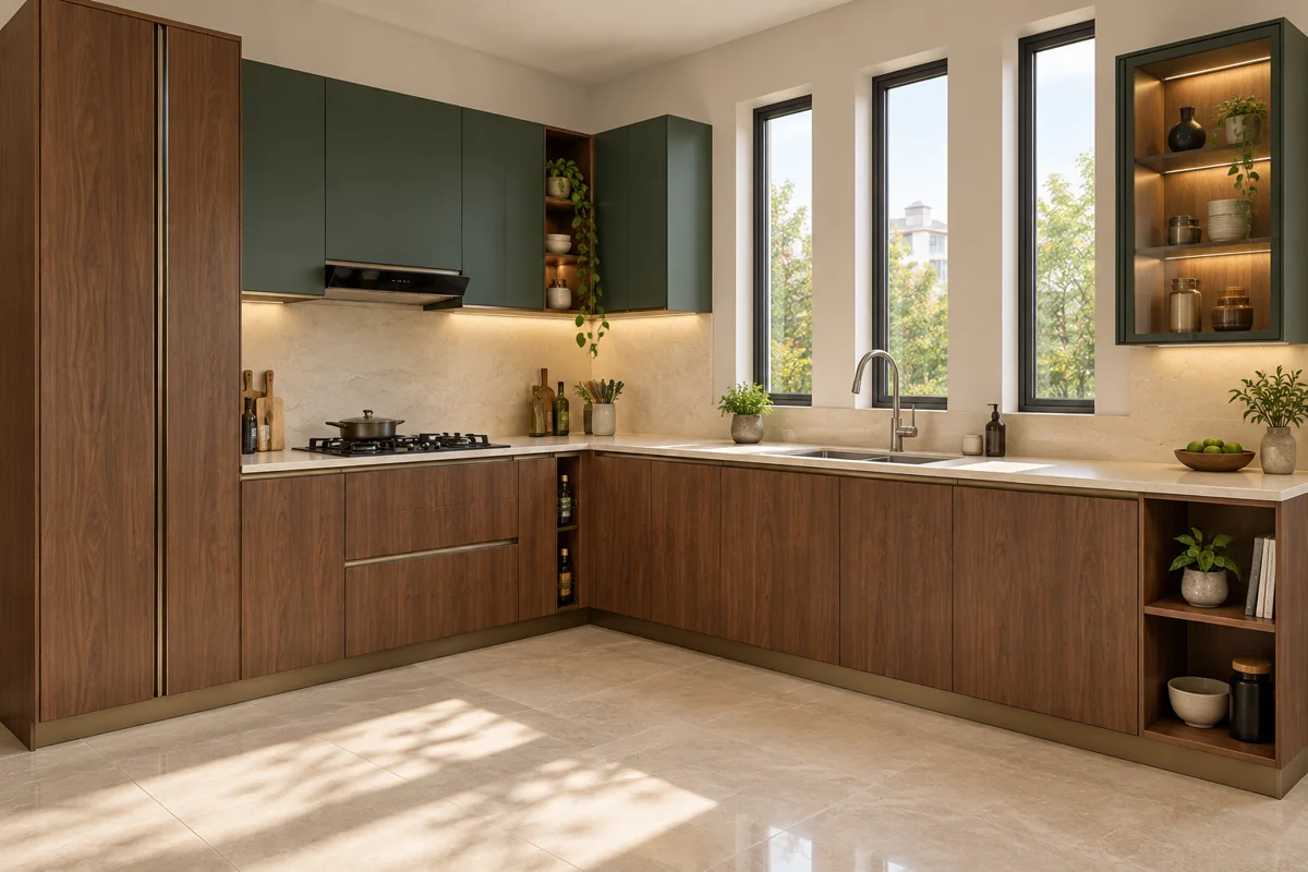 warm reddish walnut grain and forest green L-shaped steel kitchen — AI-generated concept