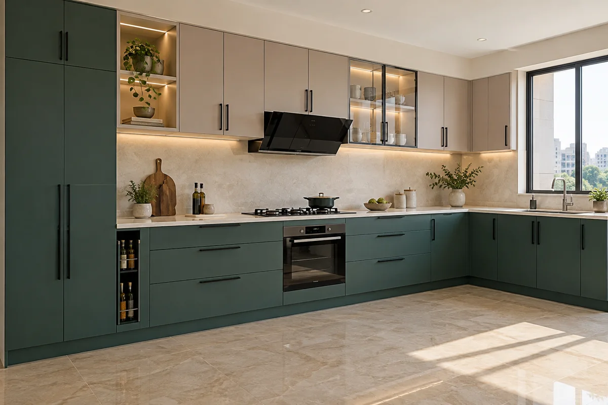 forest green and warm greige L-shaped steel kitchen — AI-generated concept
