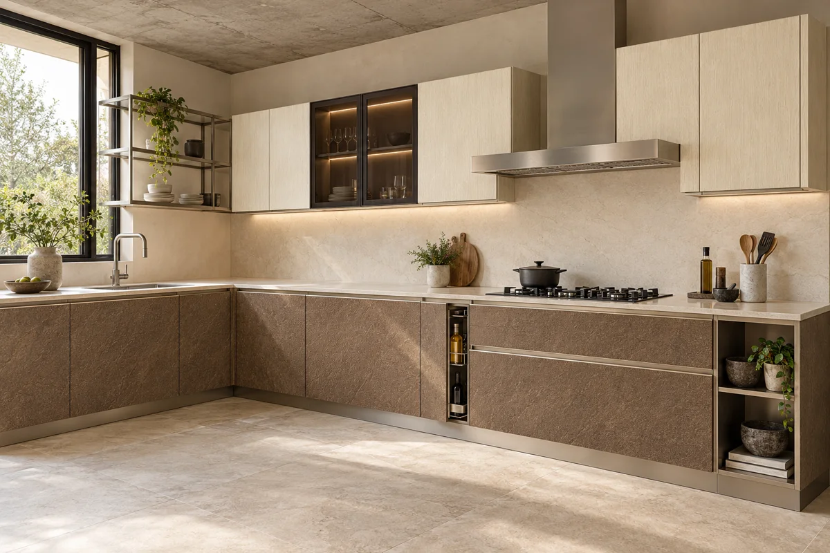 warm bronze stone and warm cream fine grain L-shaped steel kitchen — AI-generated concept