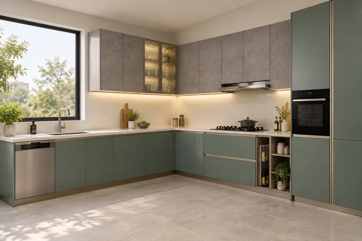 smoky eucalyptus and mid grey stone L-shaped steel kitchen — AI-generated concept