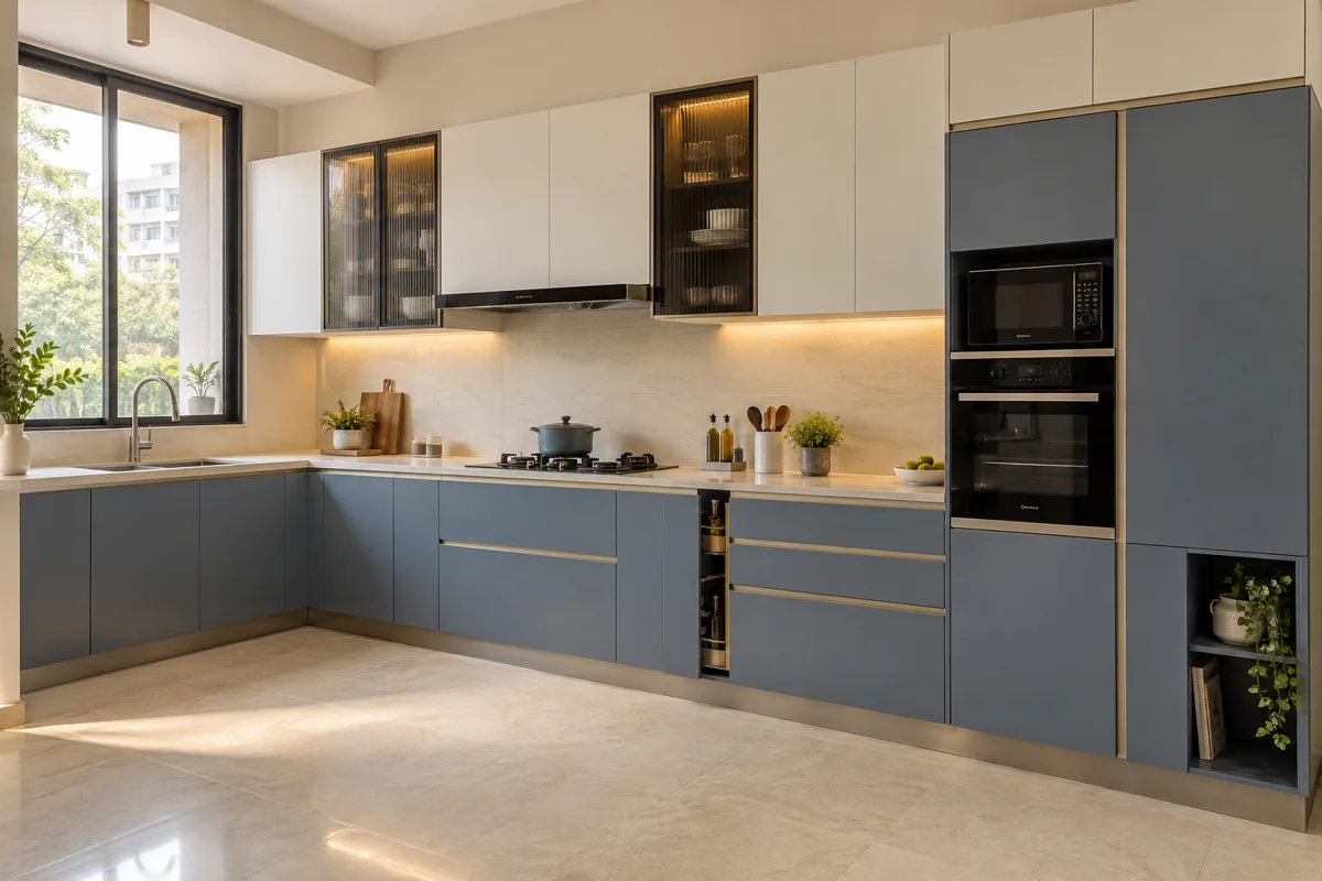 slate blue and oyster white appliance-garage L-shaped steel kitchen — AI-generated concept