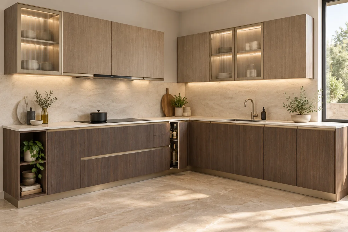 medium taupe vertical grain and light taupe wood fine grain L-shaped steel kitchen — AI-generated concept
