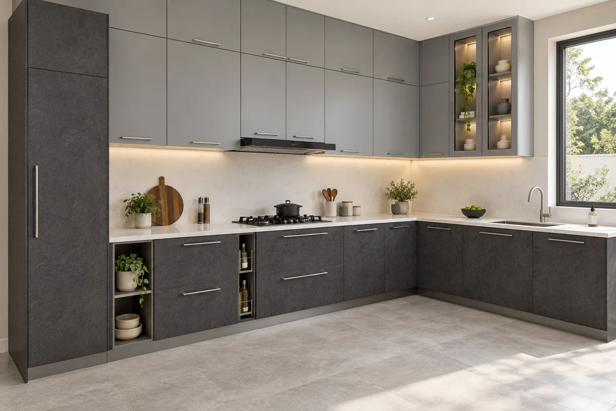 charcoal stone and stone grey L-shaped steel kitchen — AI-generated concept