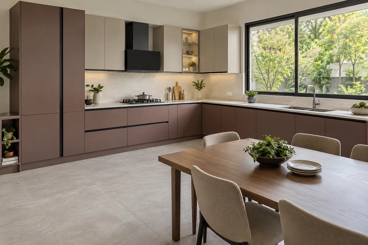 muted burgundy and warm greige L-shaped steel kitchen — AI-generated concept