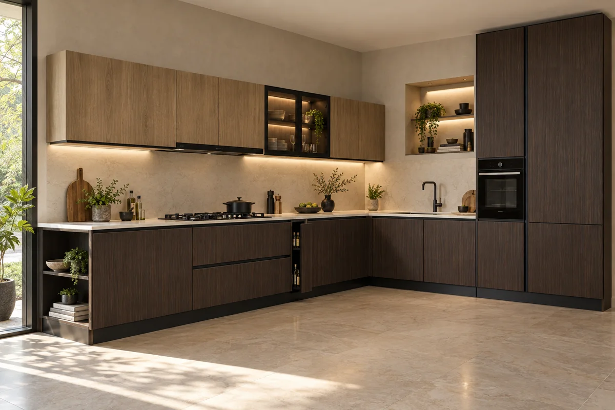 dark chocolate vertical grain and warm light oak grain L-shaped steel kitchen — AI-generated concept