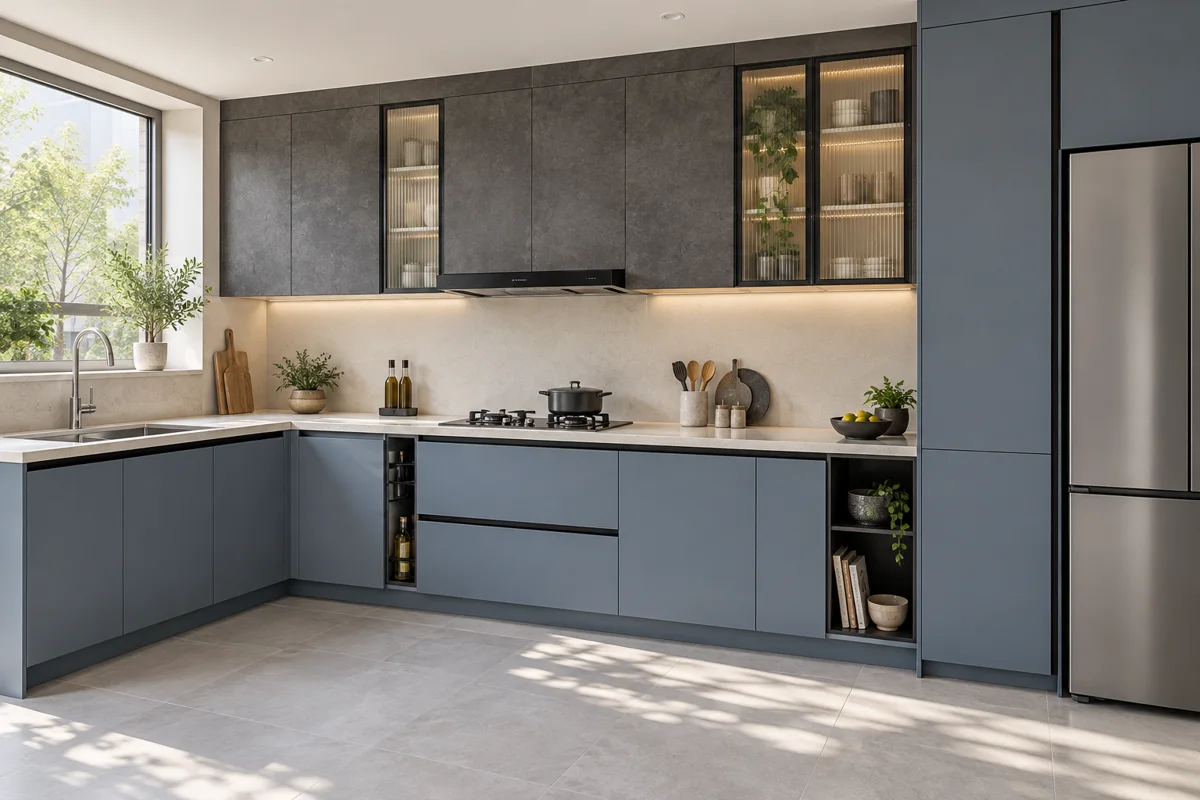 slate blue and dark grey cement L-shaped steel kitchen — AI-generated concept