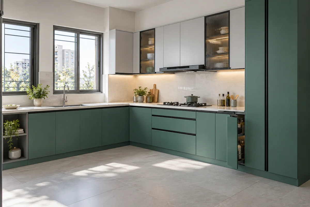 muted teal and pearl grey square-frame L-shaped steel kitchen — AI-generated concept