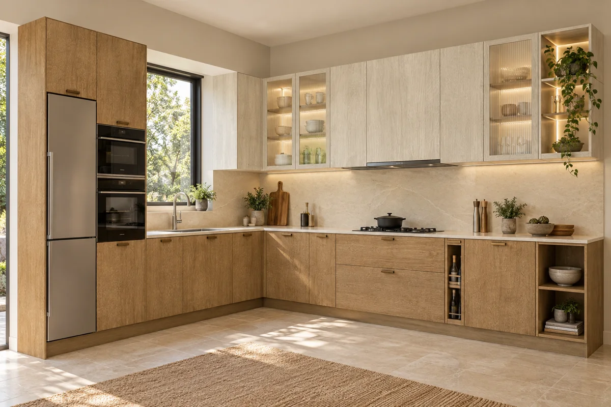 golden oak grain and pale ivory oak grain L-shaped steel kitchen — AI-generated concept