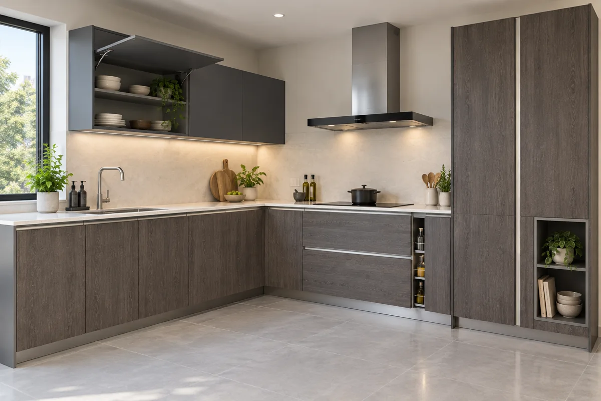smoky grey oak grain and graphite L-shaped steel kitchen — AI-generated concept