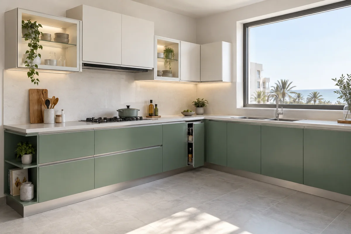 smoky eucalyptus and oyster white graduated-upper L-shaped steel kitchen — AI-generated concept