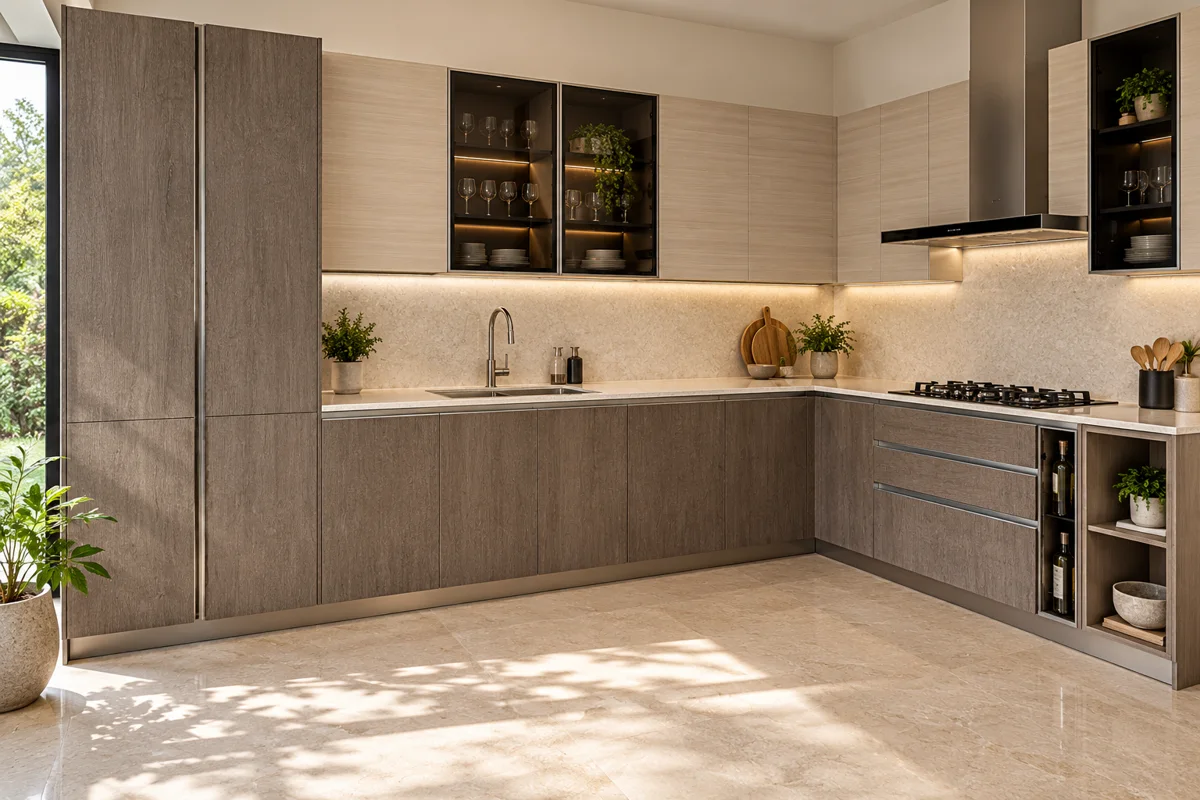 grey-brown oak grain and pale beige horizontal woodgrain L-shaped steel kitchen — AI-generated concept