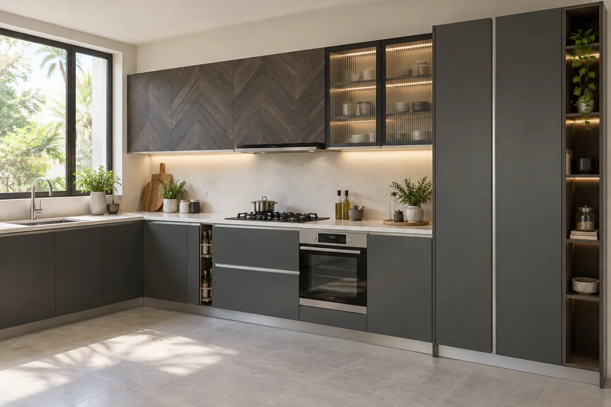 graphite and smoky grey chevron wood decor L-shaped steel kitchen — AI-generated concept
