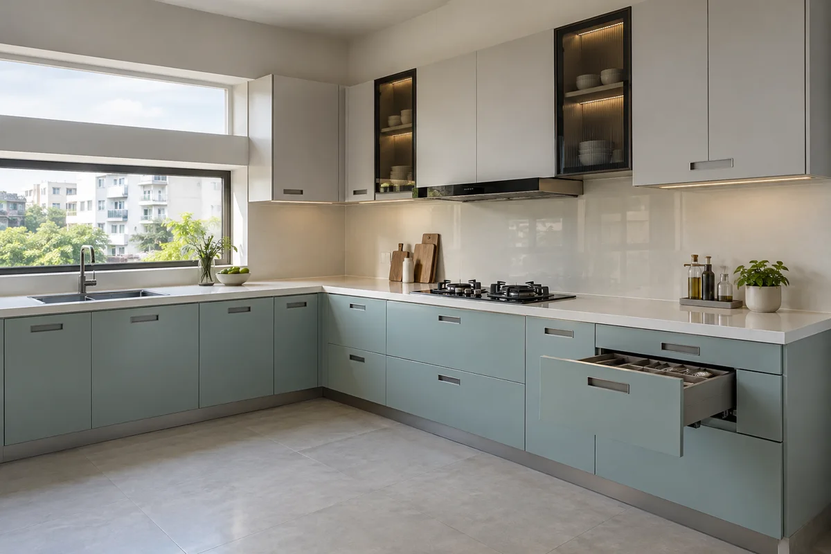 pale blue-grey and pearl grey open-drawer L-shaped steel kitchen — AI-generated concept