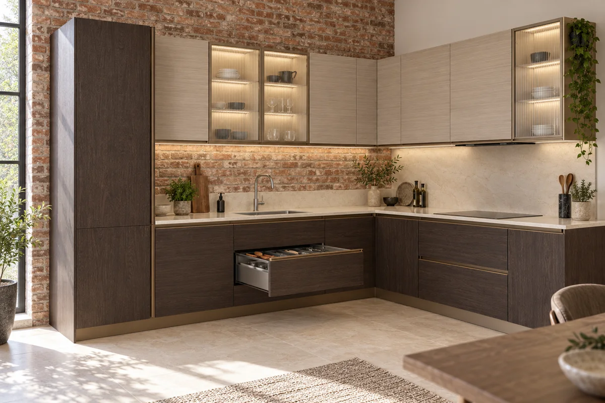 deep chocolate oak grain and light taupe horizontal woodgrain L-shaped steel kitchen — AI-generated concept