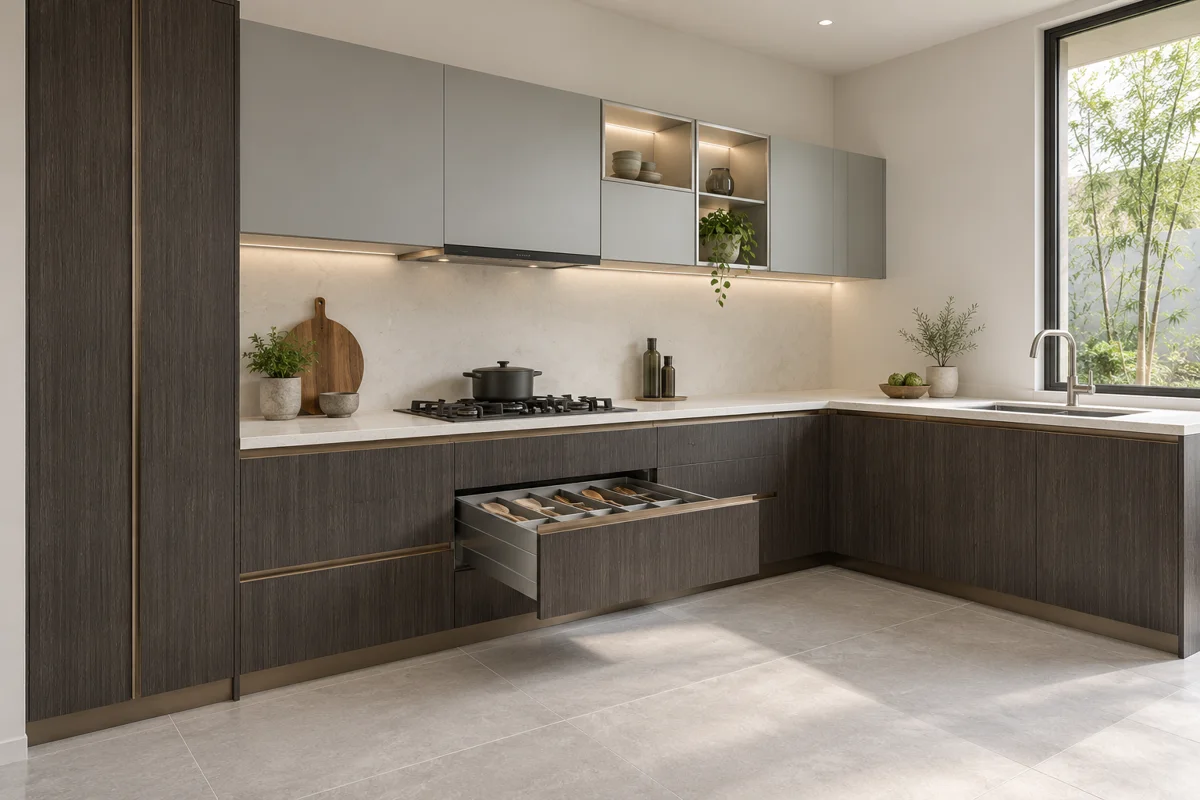 graphite vertical grain and stone grey L-shaped steel kitchen — AI-generated concept
