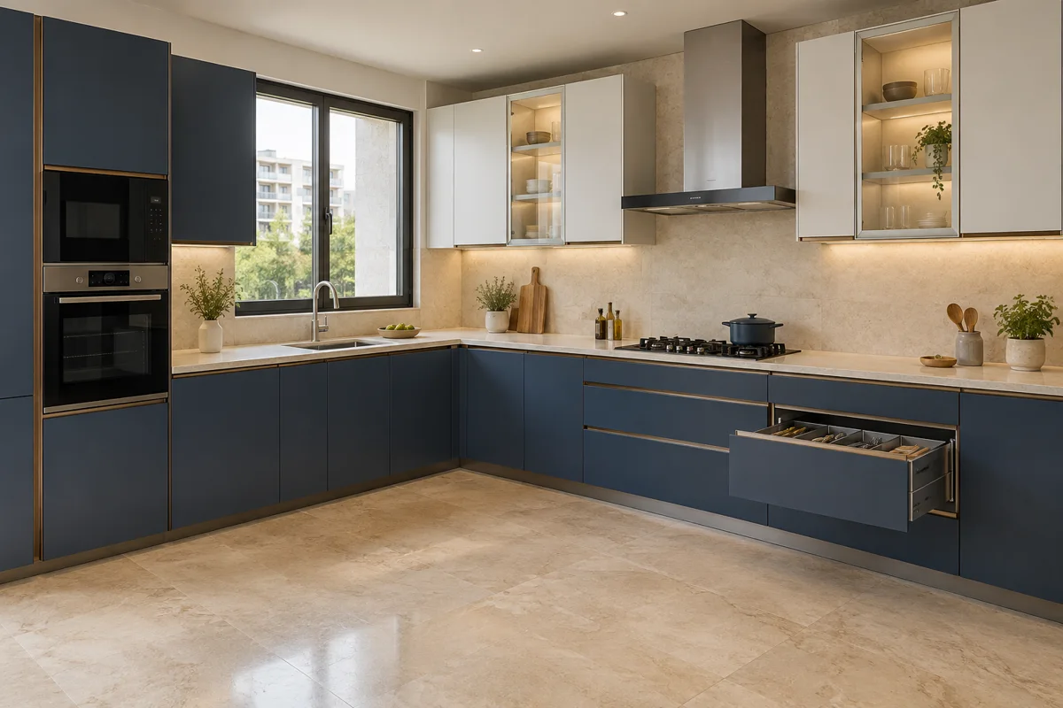 dusty navy and oyster white L-shaped steel kitchen — AI-generated concept