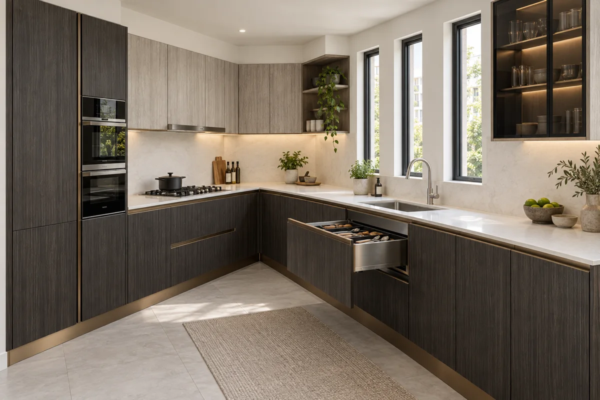 graphite vertical grain and pale grey washed woodgrain L-shaped steel kitchen — AI-generated concept