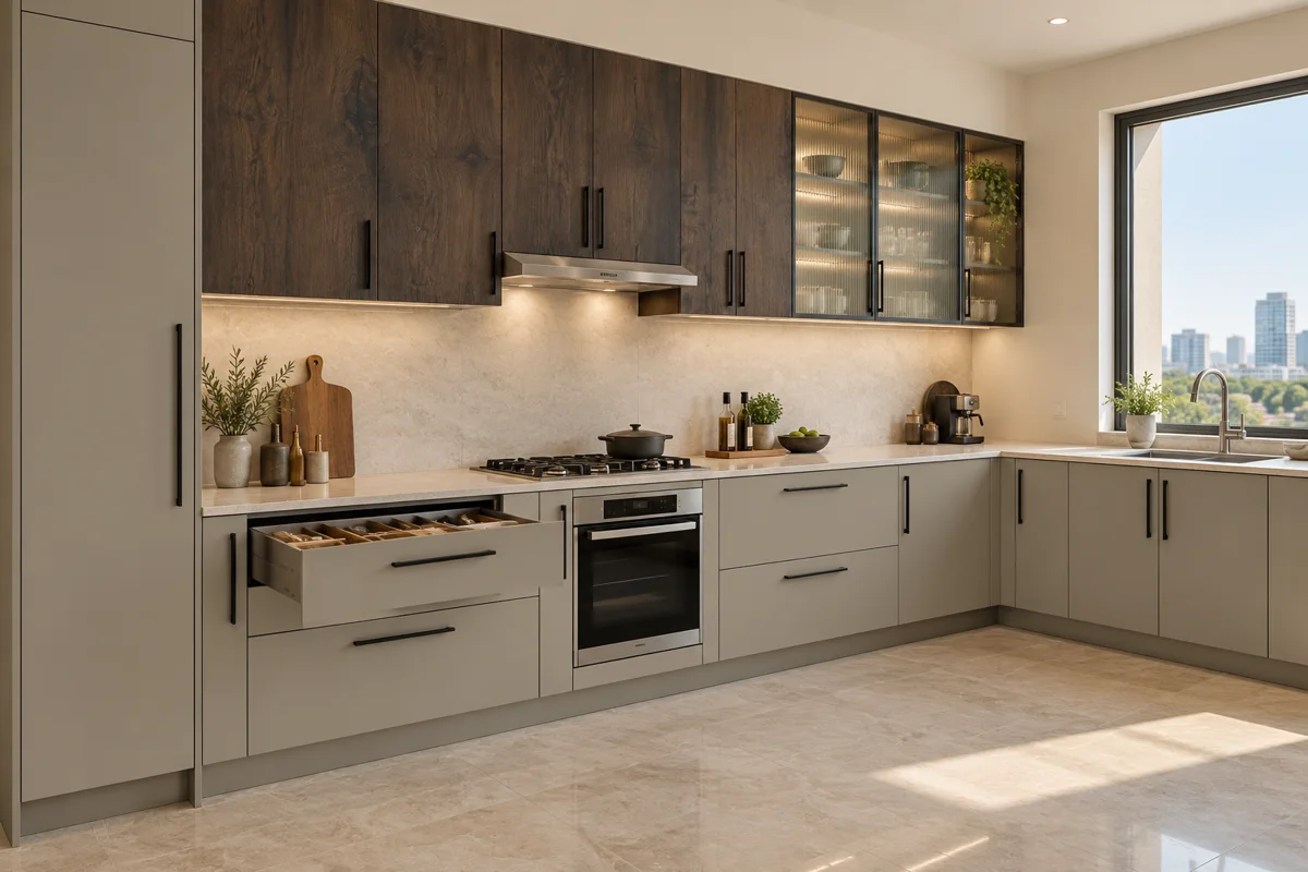 warm greige and dark weathered oak grain L-shaped steel kitchen — AI-generated concept