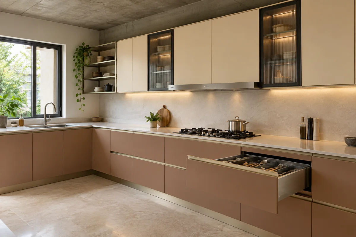 dusty clay and cream open-drawer L-shaped steel kitchen — AI-generated concept