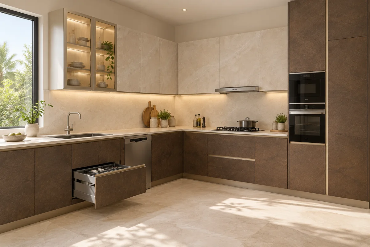 deep bronze stone and warm cream fine-veined stone L-shaped steel kitchen — AI-generated concept