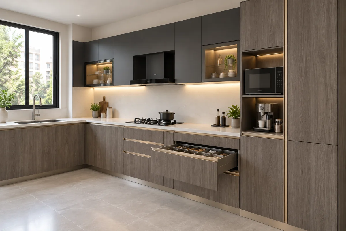 silver grey oak grain and graphite open-drawer L-shaped steel kitchen — AI-generated concept