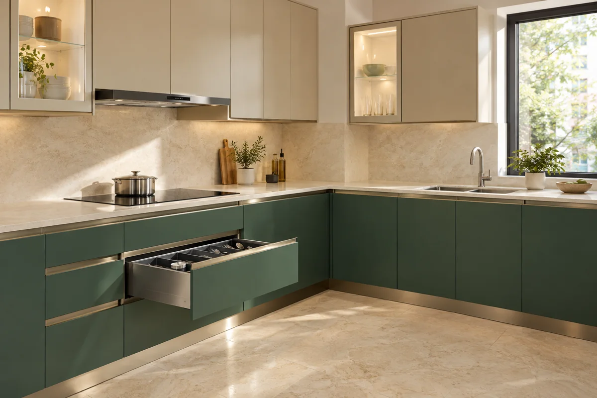 forest green and sand beige open-drawer L-shaped steel kitchen — AI-generated concept