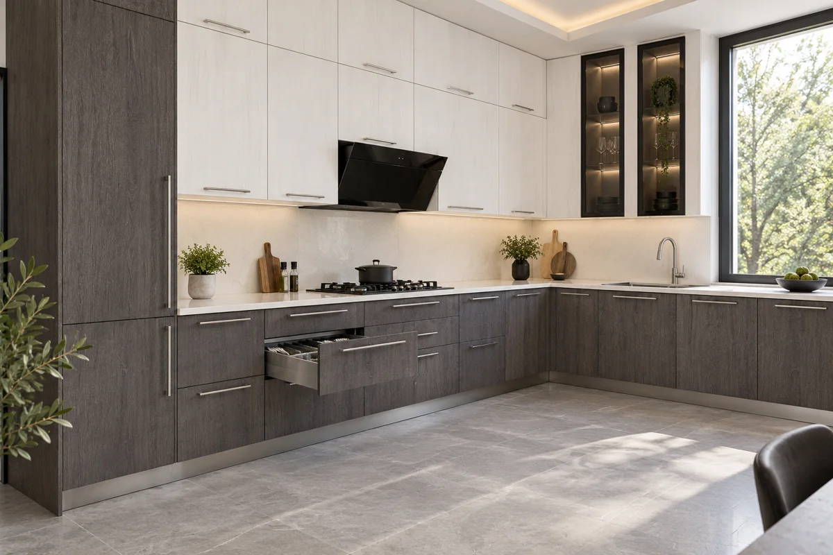 smoky grey oak grain and soft white fine grain L-shaped steel kitchen — AI-generated concept