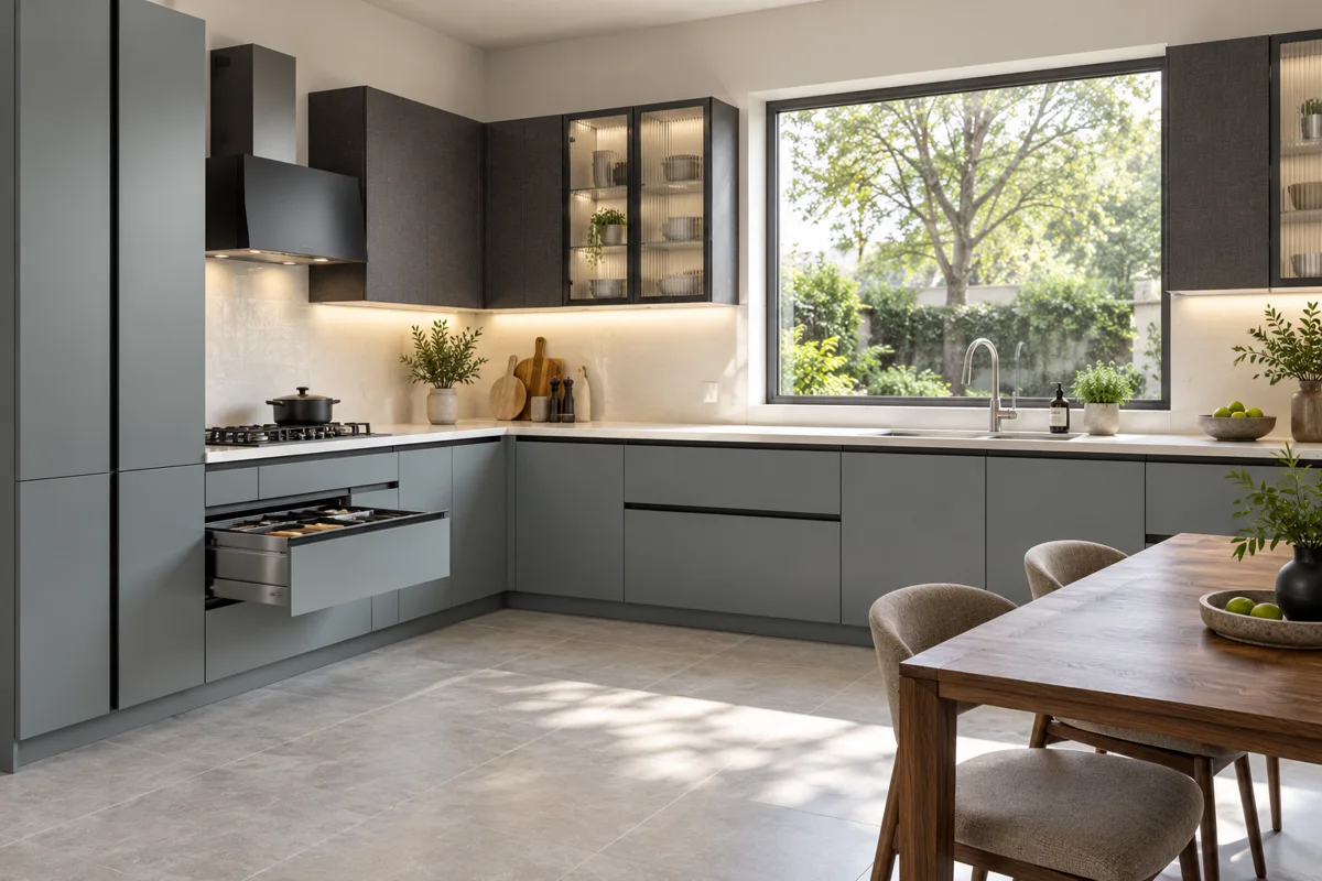 smoky eucalyptus and charcoal fine canvas L-shaped steel kitchen — AI-generated concept
