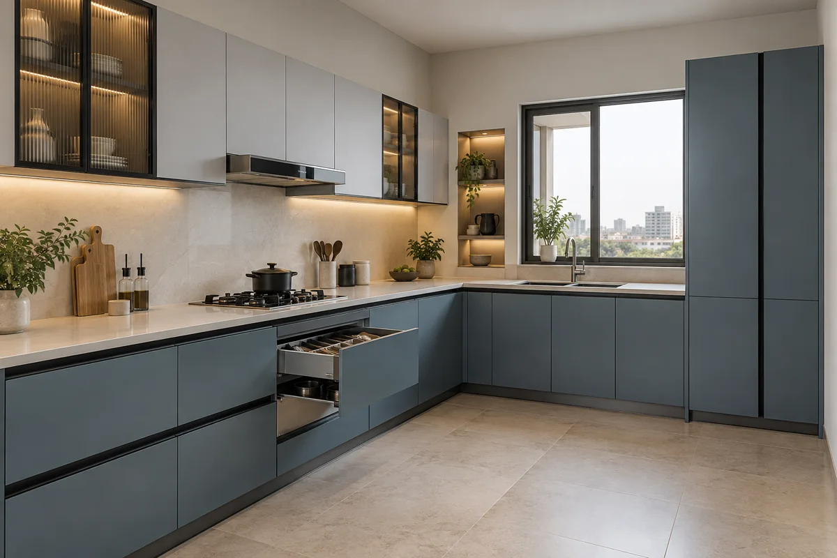 slate blue and pearl grey L-shaped steel kitchen — AI-generated concept