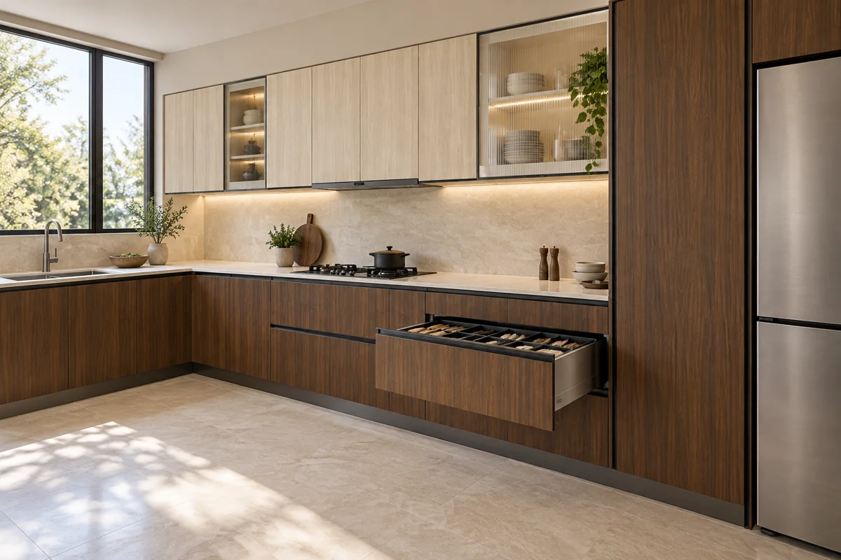 warm brown vertical grain and pale washed oak grain L-shaped steel kitchen — AI-generated concept