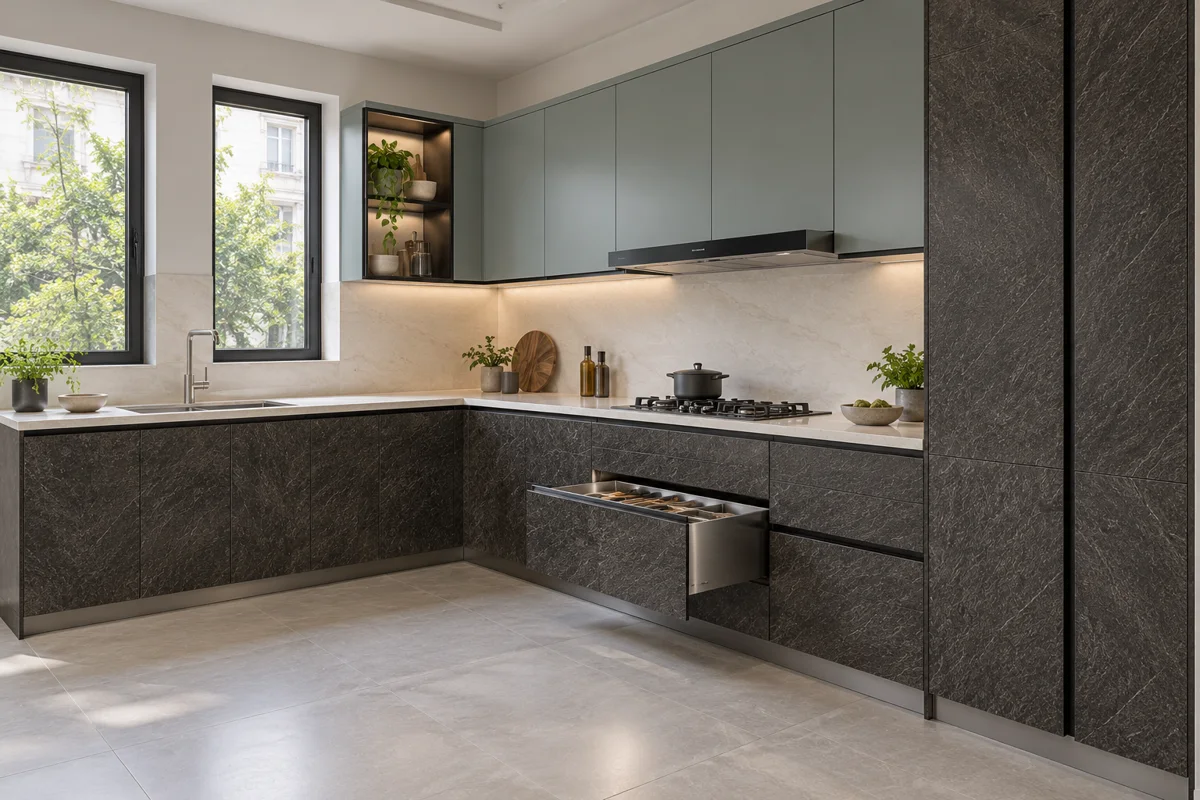 graphite stone and smoky eucalyptus L-shaped steel kitchen — AI-generated concept