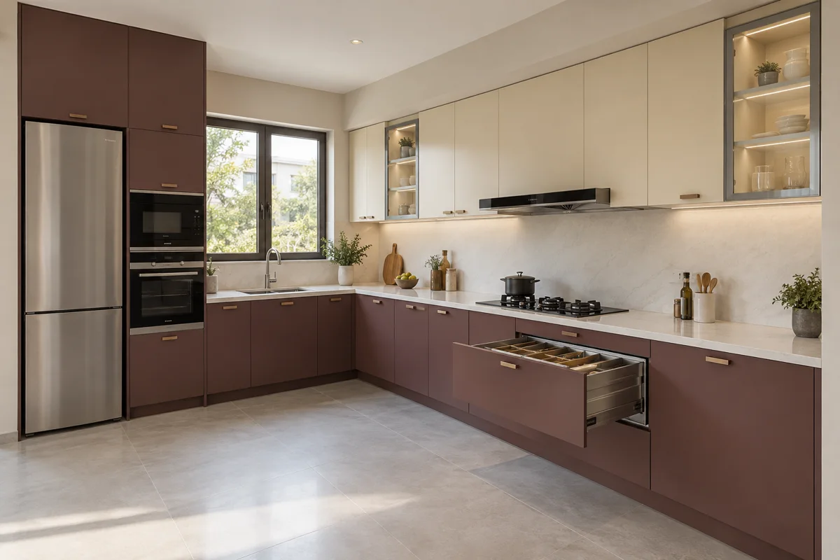 muted burgundy and cream L-shaped steel kitchen — AI-generated concept