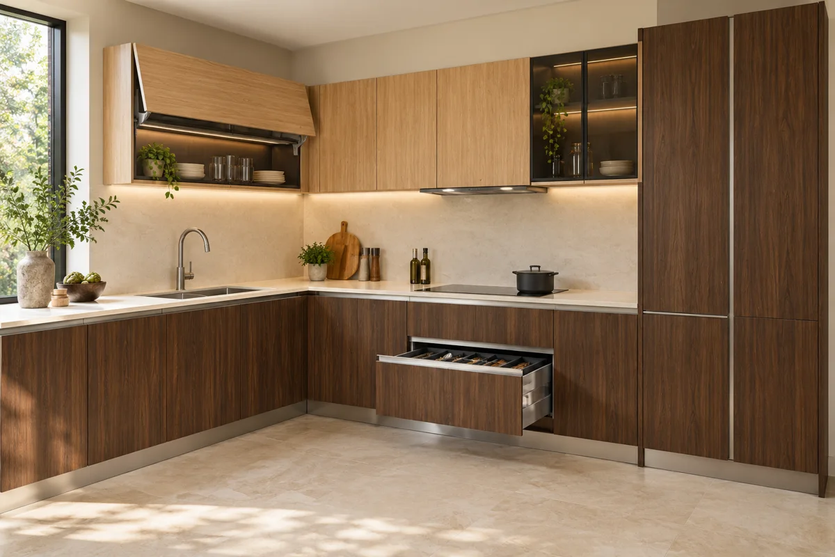 medium dark walnut vertical grain and light honey oak grain L-shaped steel kitchen — AI-generated concept