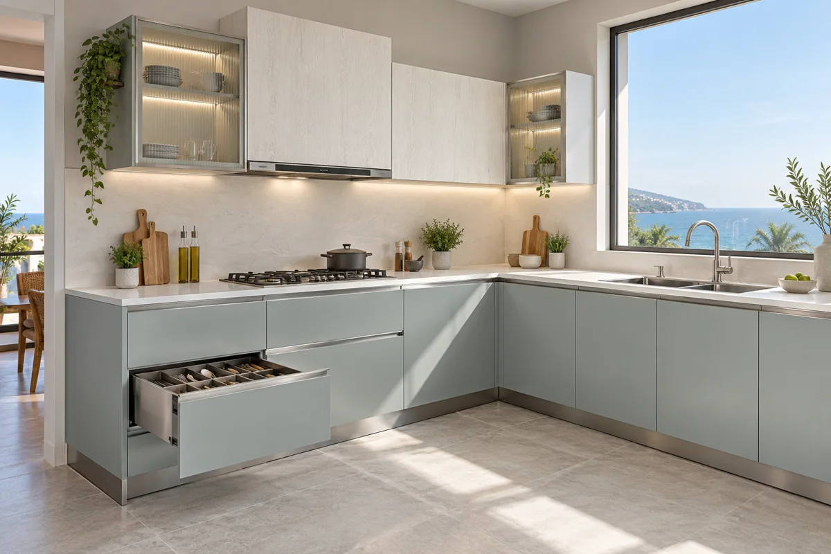 pale blue-grey and offwhite subtle woodgrain L-shaped steel kitchen — AI-generated concept