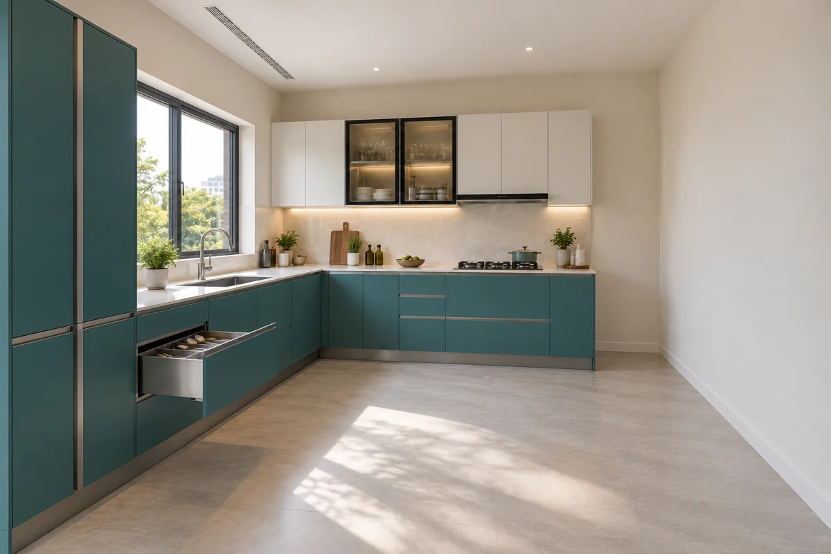 muted teal and oyster white L-shaped steel kitchen — AI-generated concept