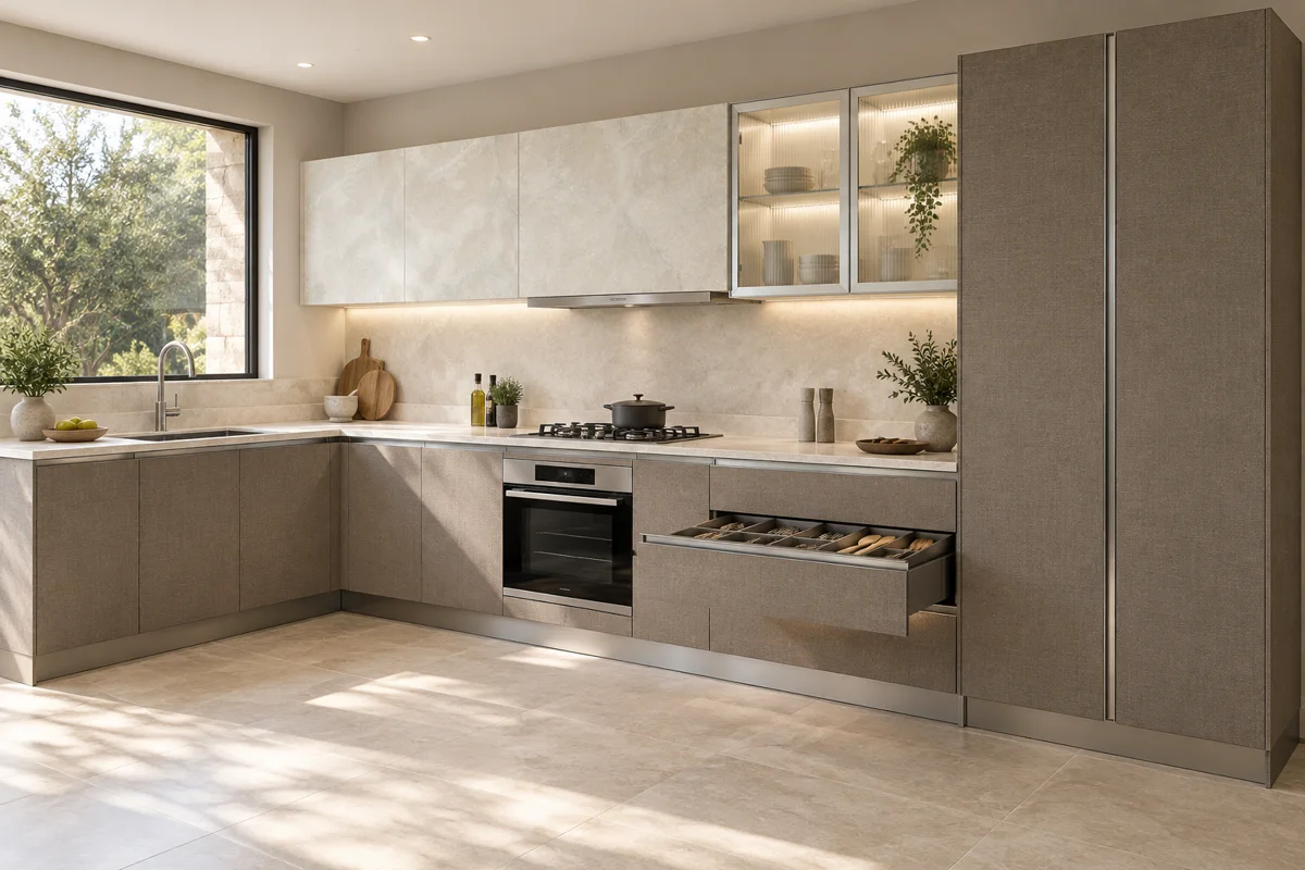 taupe fine canvas and pale ivory stone L-shaped steel kitchen — AI-generated concept