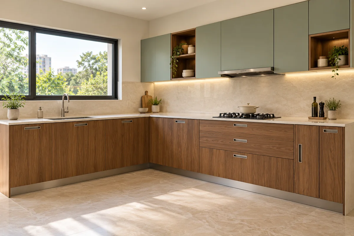 warm honey walnut grain and muted sage L-shaped steel kitchen — AI-generated concept