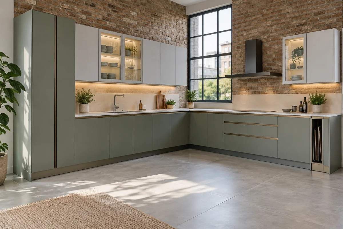 smoky eucalyptus and pearl grey L-shaped steel kitchen — AI-generated concept