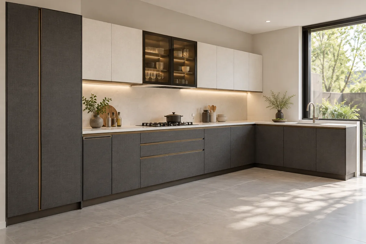charcoal fine canvas and soft white fine textured decor L-shaped steel kitchen — AI-generated concept