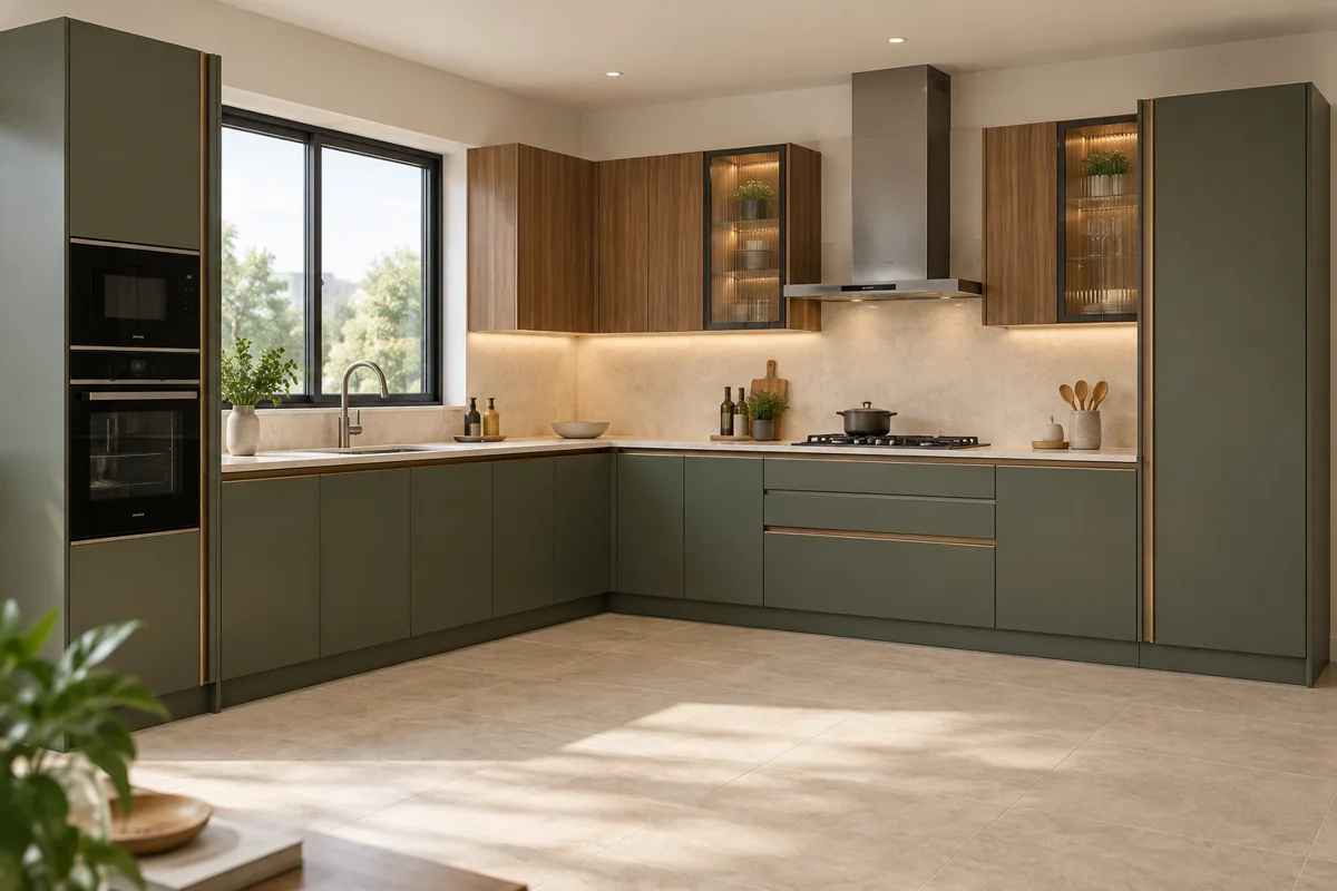 deep olive and medium warm oak grain L-shaped steel kitchen — AI-generated concept