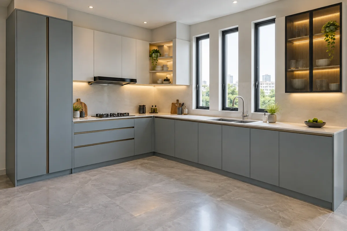 pale blue-grey and oyster white L-shaped steel kitchen — AI-generated concept