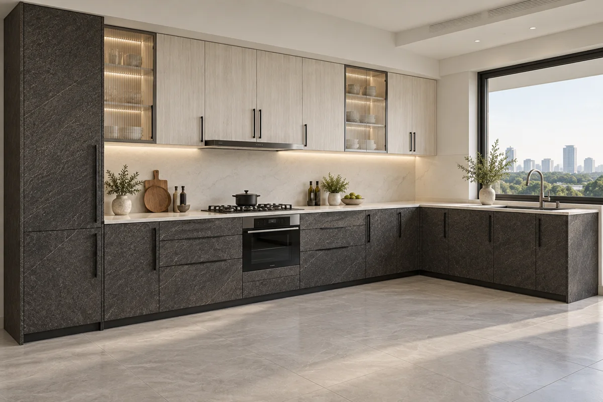 graphite stone and pale whitewashed vertical grain L-shaped steel kitchen — AI-generated concept