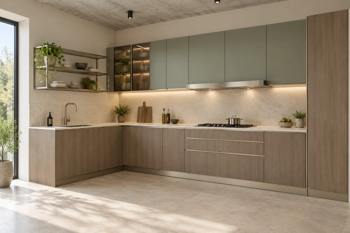 medium taupe oak grain and muted sage L-shaped steel kitchen — AI-generated concept