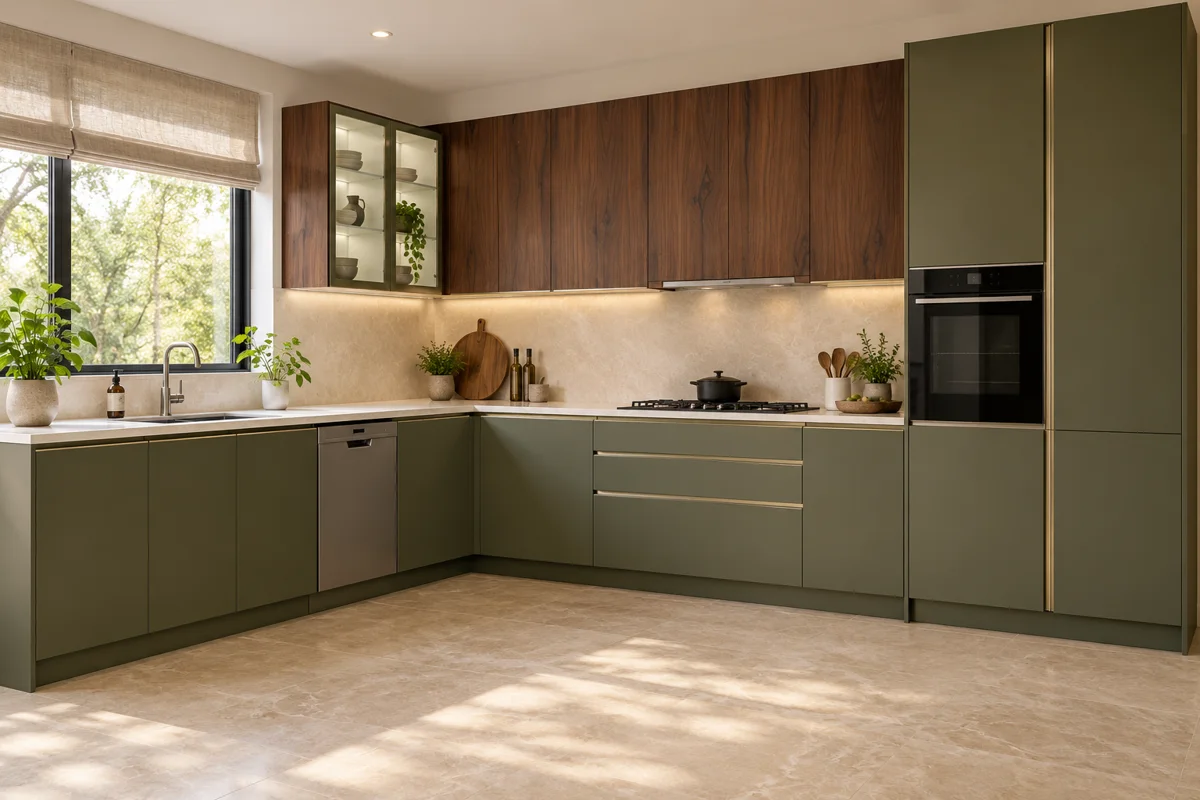 deep olive and russet walnut grain L-shaped steel kitchen — AI-generated concept